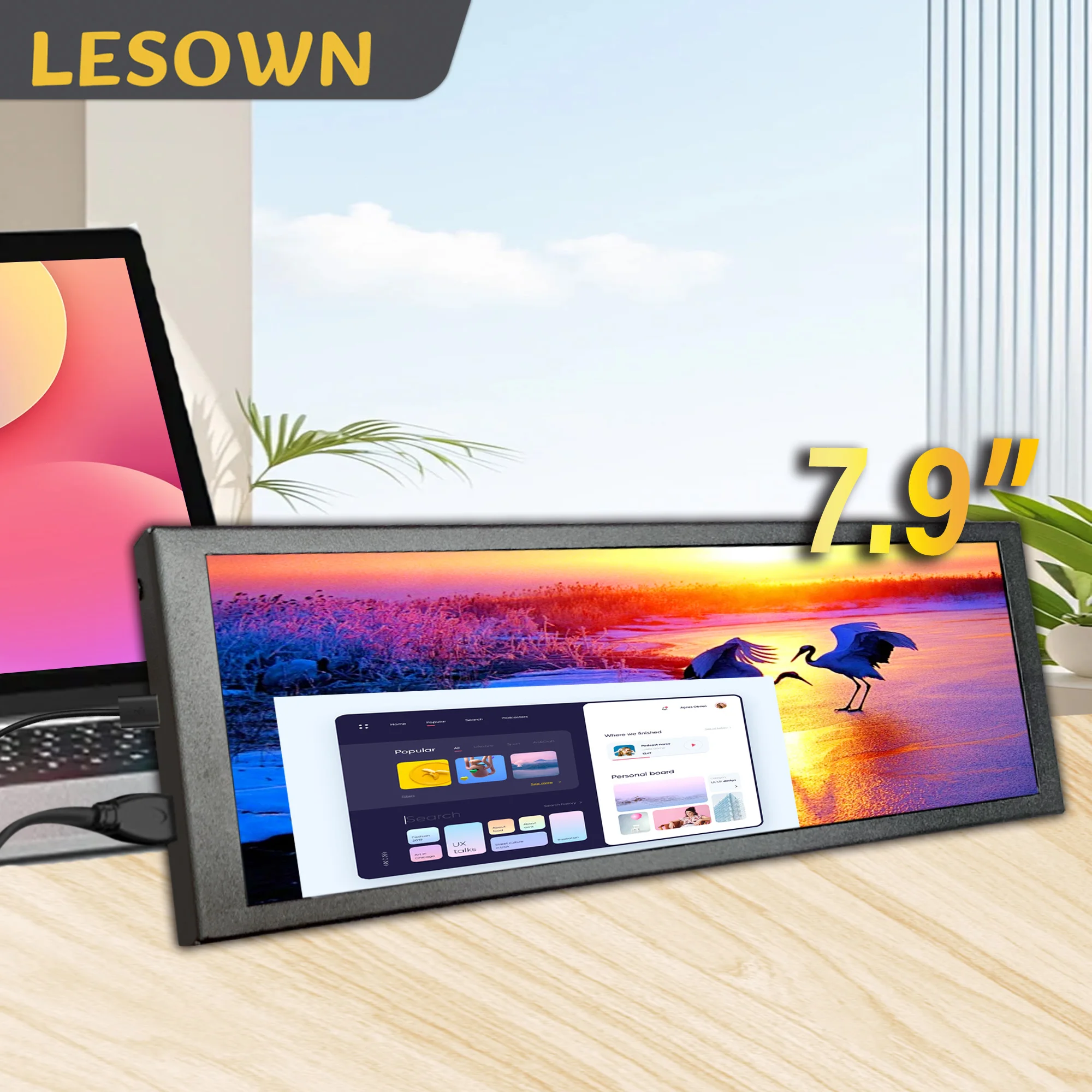 LESOWN 6.9 7.9 Inch Horizontal Monitor 400x1280 Slim Stretched Display Portable Extra Screen for Laptop PC and Mobile Devices