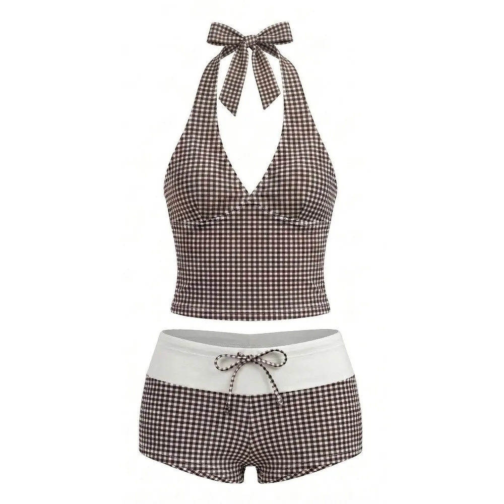 

Fashion Halter Neck Sling Two Pieces Bikini Suit Y2k V-Neck Plaid Swimsuit Summer Slim Fit Beachwear Clothing Swimming Pool