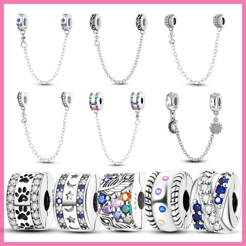 Spacer Clip Charms Safety Chain 925 Sterling Silver Pave Daisy Heart Charms Fit Pandora Original Bracelet Jewelry DIY Making