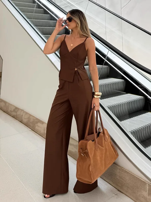 

Women Elegant Brown Sleeveless Vest Top & Long Pants Set Summer Casual Office Wear Two Piece Suits