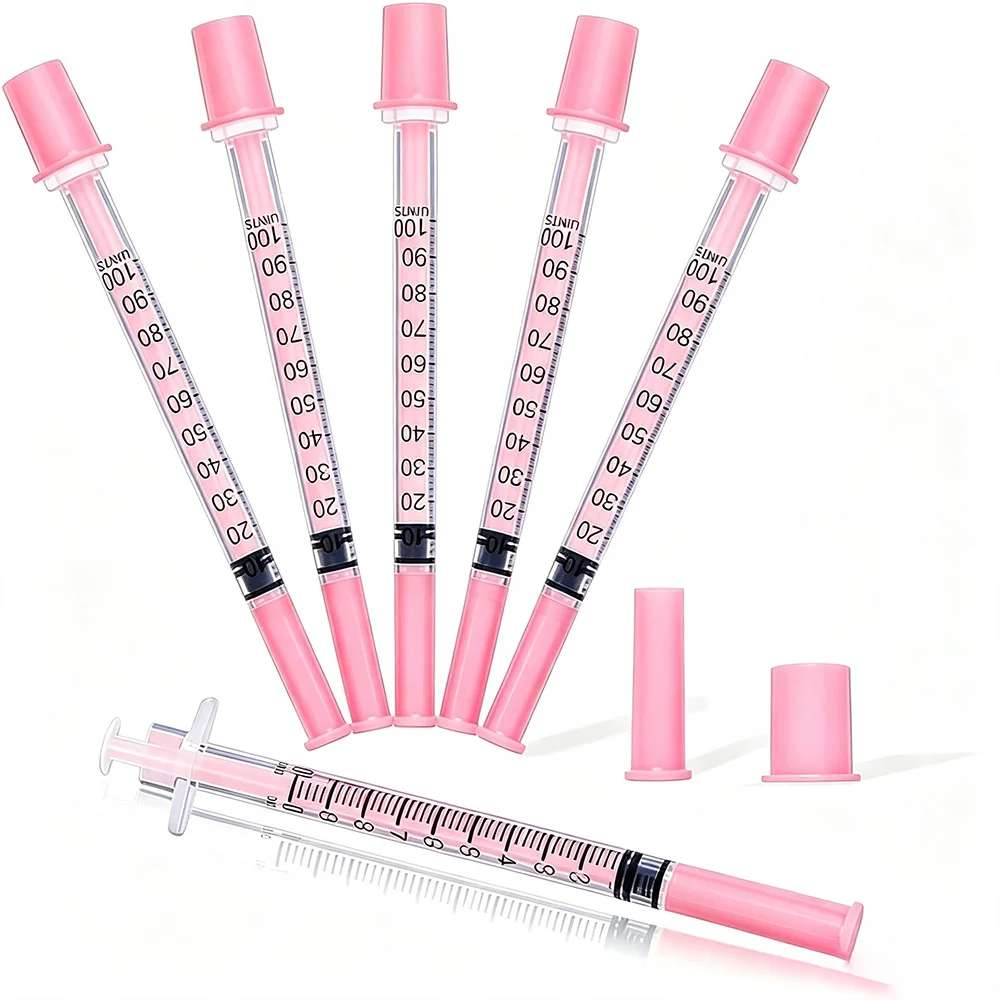 1ml U-100 Einwegspritze 31g Feinnadel Rosa Schutzkappe mit Schiebestange Hochpräzises Graduiertes Mikronadelröhrchen Laborflüssigkeitsdosierung Schönheitsproben-Nadelröhrchen Packung mit 20 Stück 8mm – Detail 5
