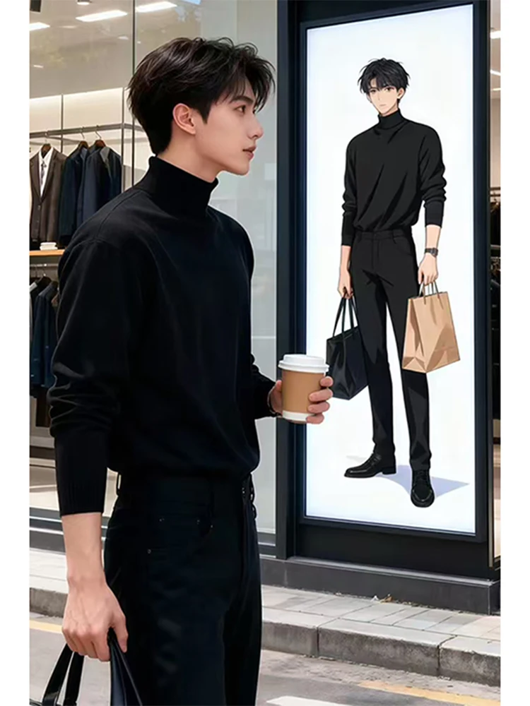 

Мужской трикотажный свитер с высоким воротником в корейском стиле, облегающий, теплый базовый слой, осенне-зимний, повседневный, модный, цветной