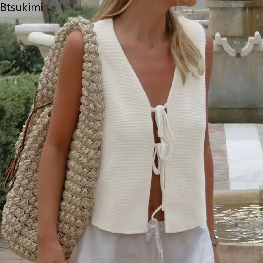 

Casual Knitted Lace Up Sweater Vest Women Tops Sleeveless Deep V-neck Hollow Out Female Top Fashion All-match Loose Lady Vests