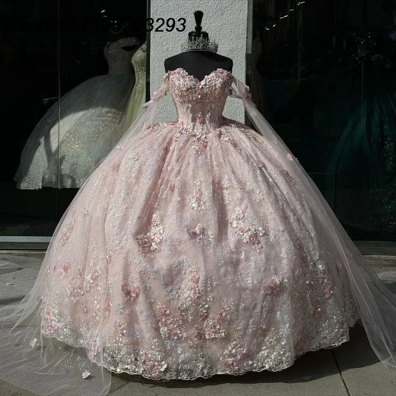 EVLAST-Vestido De quinceañera rosa brillante, 3D Apliques De encaje con flores, tul con capa, lazo, dulce 16, 15 Años, TQD282