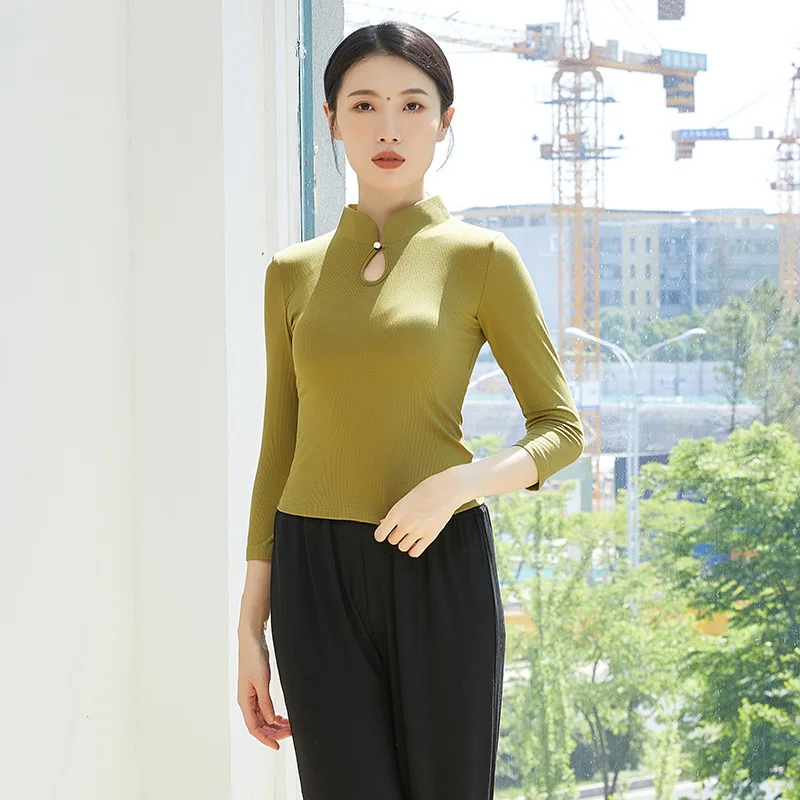 Traje de baile clásico temperamento ajustado top de manga media traje de práctica de estilo chino para mujer