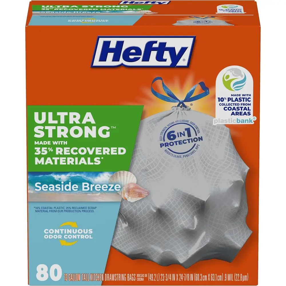 

13 Gallon Tall Kitchen Trash Bags, Made from Recycled Materials, Leak and Puncture Resistant, Gray with Seaside Breeze Scent, 80