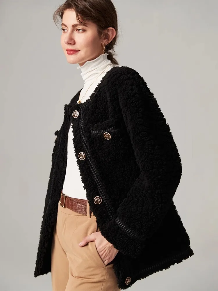 Black Xiaoxiang Style Imitation Lamb Wool Jacket For Women, Autumn And Winter Retro Thick Suede Composite Fur Temperament Top