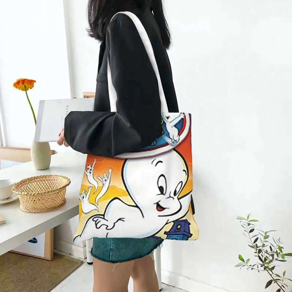The Friendly Ghost Casper Shopping Bags Girls Canvas The Tote Bag Reusable Women Shoulder Tote Travel Handbag
