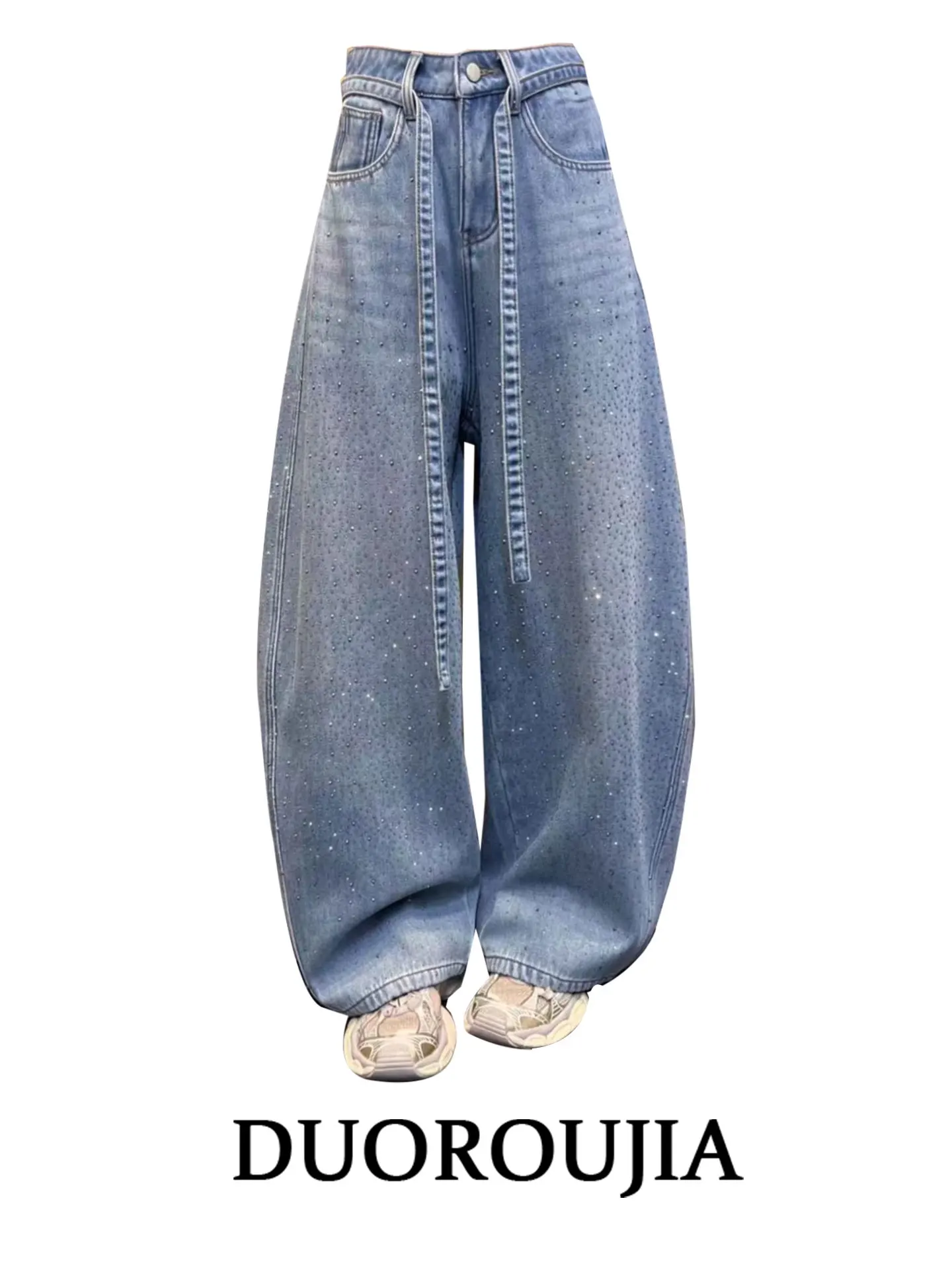 

DUOR Large Size American Washed Vintage Rhinestone Denim Pants Women's Autumn Winter High Waist Draping Wide Leg Jeans