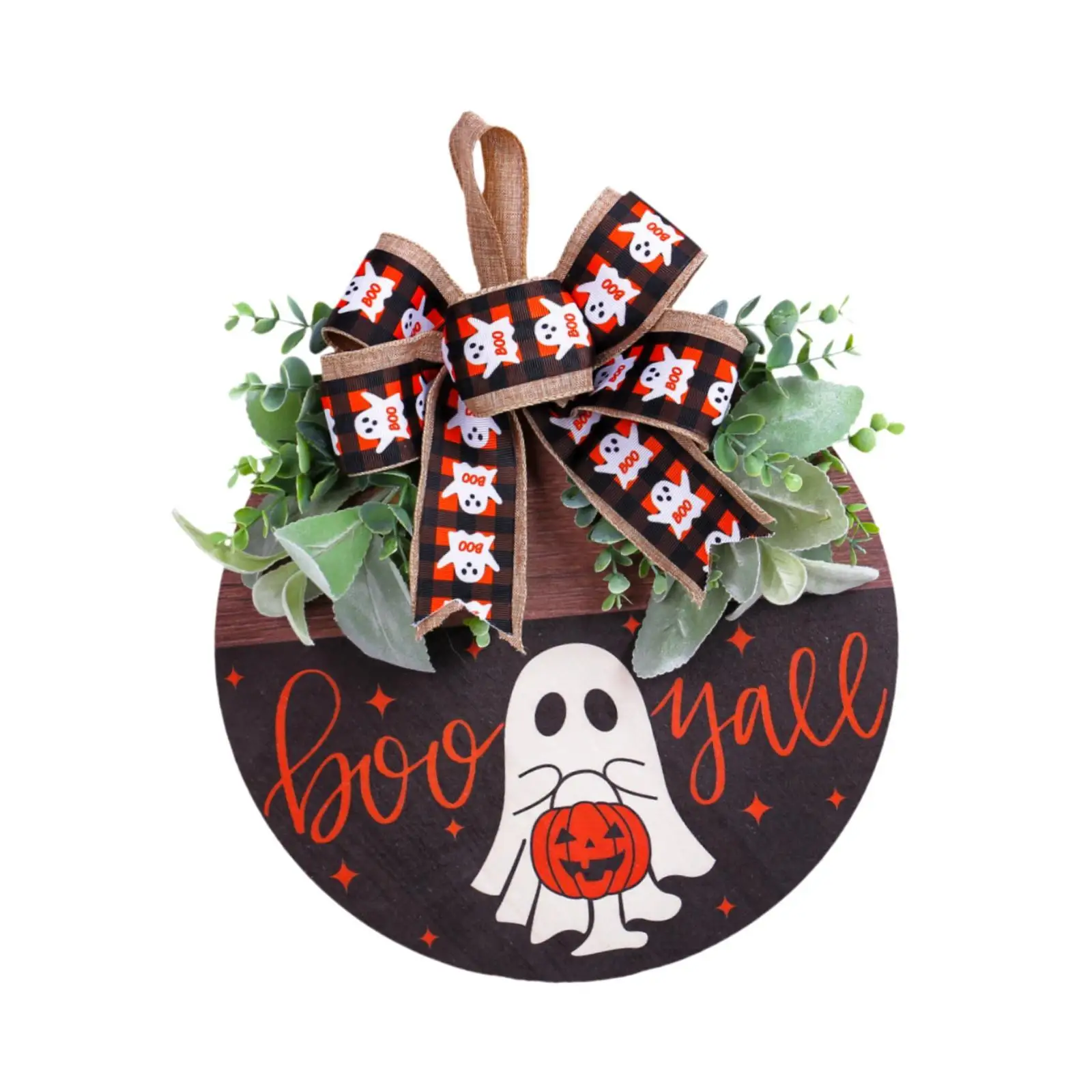 Halloween Wooden Door Hanging Sign with Bowknot Rustic Halloween Decor for Office Farmhouse Coffee Shop Indoor Outdoor Wall