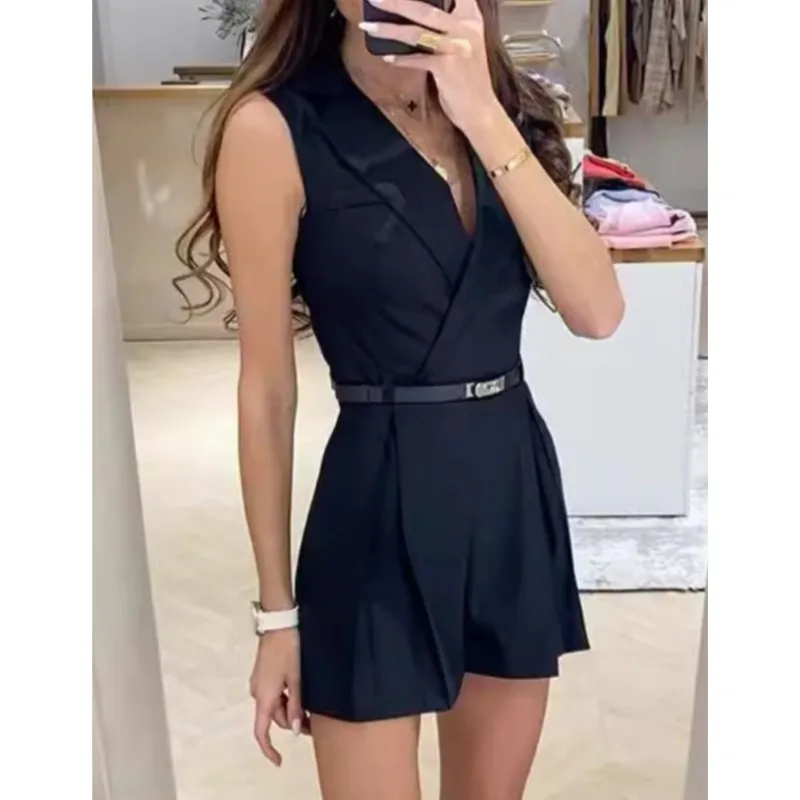 Elegant Women's Shorts Jumpsuit With Belt Fashion Sleeveless Turndown Collar Slim Short Jumpsuits Female 2025 Summer Lady Romper