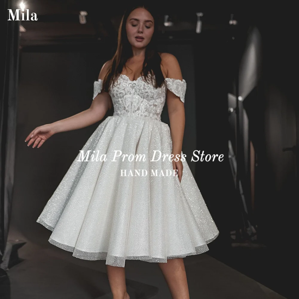 

Mila Customized Plus Size Giltter Tulle Wedding Dress A Line Short Wedding Gowns Back Lace Up Formal Evening robe de mariée