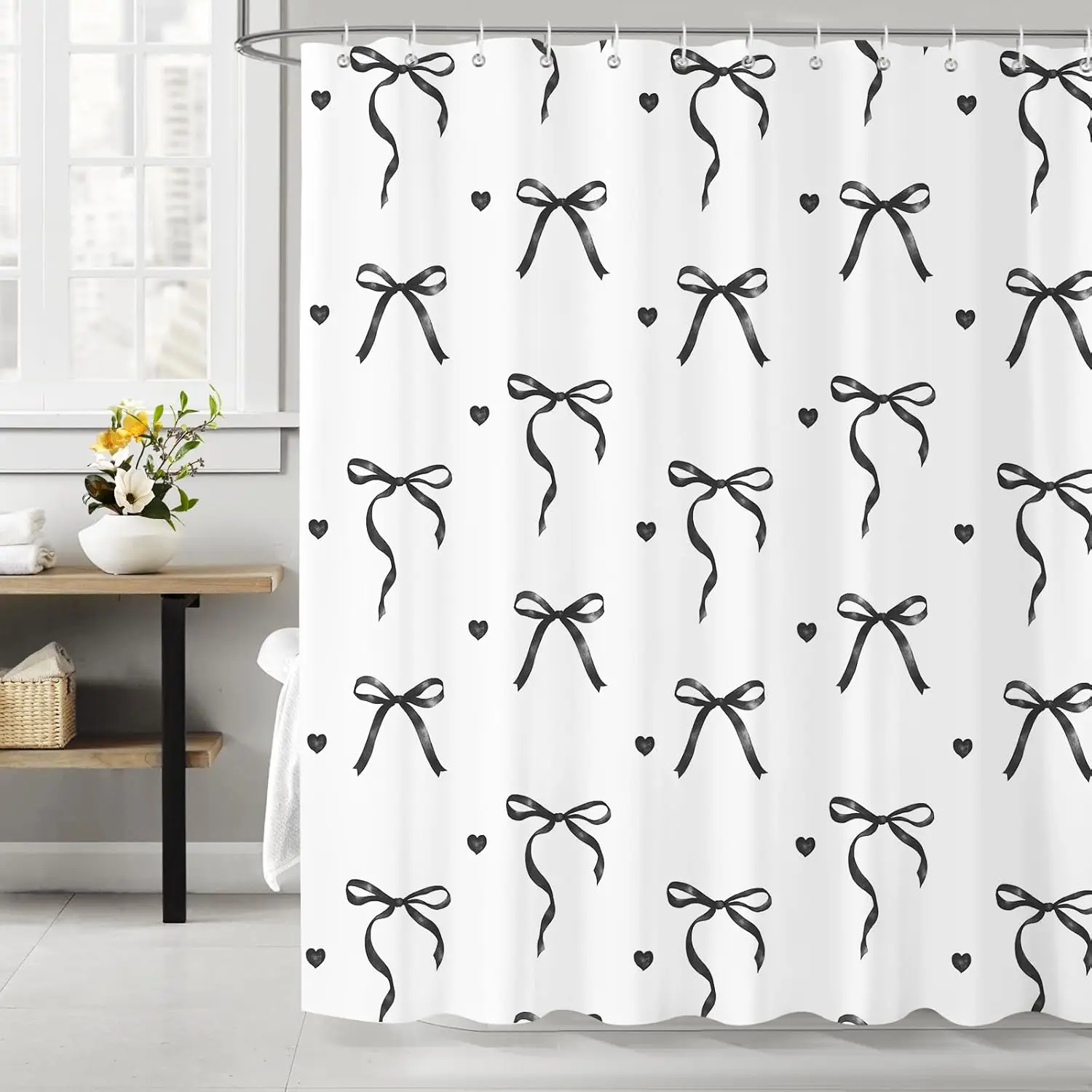 Black Bow Tie Shower Curtains, Cute Shower Curtain Set for Girls Bathroom Decor Modern Black Curtains with Hooks, Waterproof