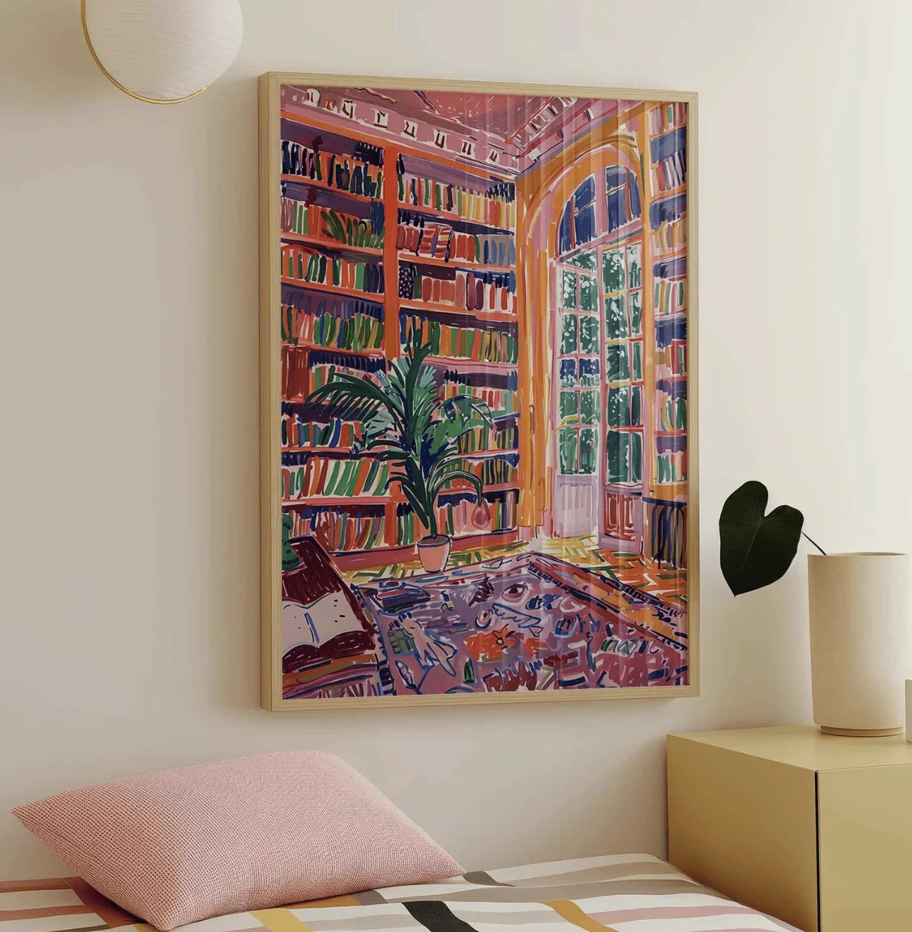1pc frameless Canvas Painting Bright Vibrant Book Library Canvas Wall Art Print, Retro Reading Room Poster Decor for Study Dorm