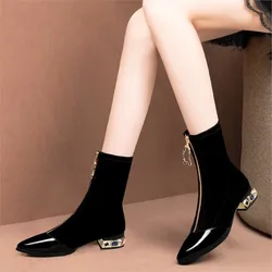 New large size women's autumn pointy toe black boots diamond with leather splicing leather zipper ankle boots D338