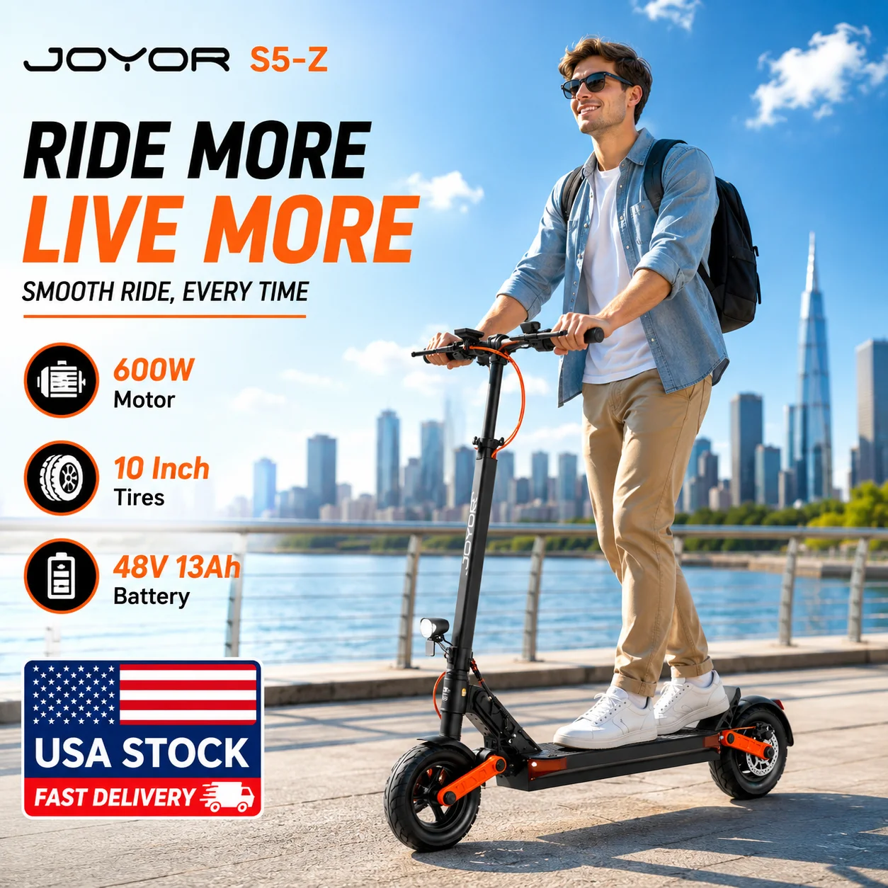 JOYOR S5-Z EScooter Adults 600W Motor 10 Inch Air Tires 48V 13Ah Powerful E-Scooter Dual Disc Brakes Front Rear Shock Absorber 110kg Max Load 21cm Wide Deck Foldable Heavy Duty City Commute Car Trunk Storage Electric Scooter