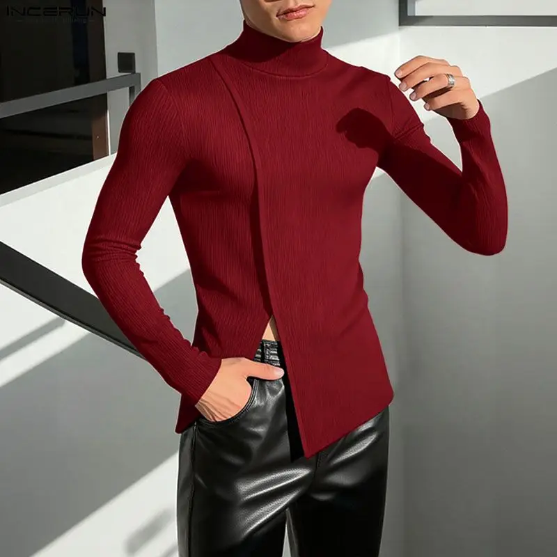 INCERUN Männer T Shirt Solide Rollkragen Langarm Gestrickte Männliche T Tops Streetwear Frühling Herbst Mode Lässig Männer Kleidung