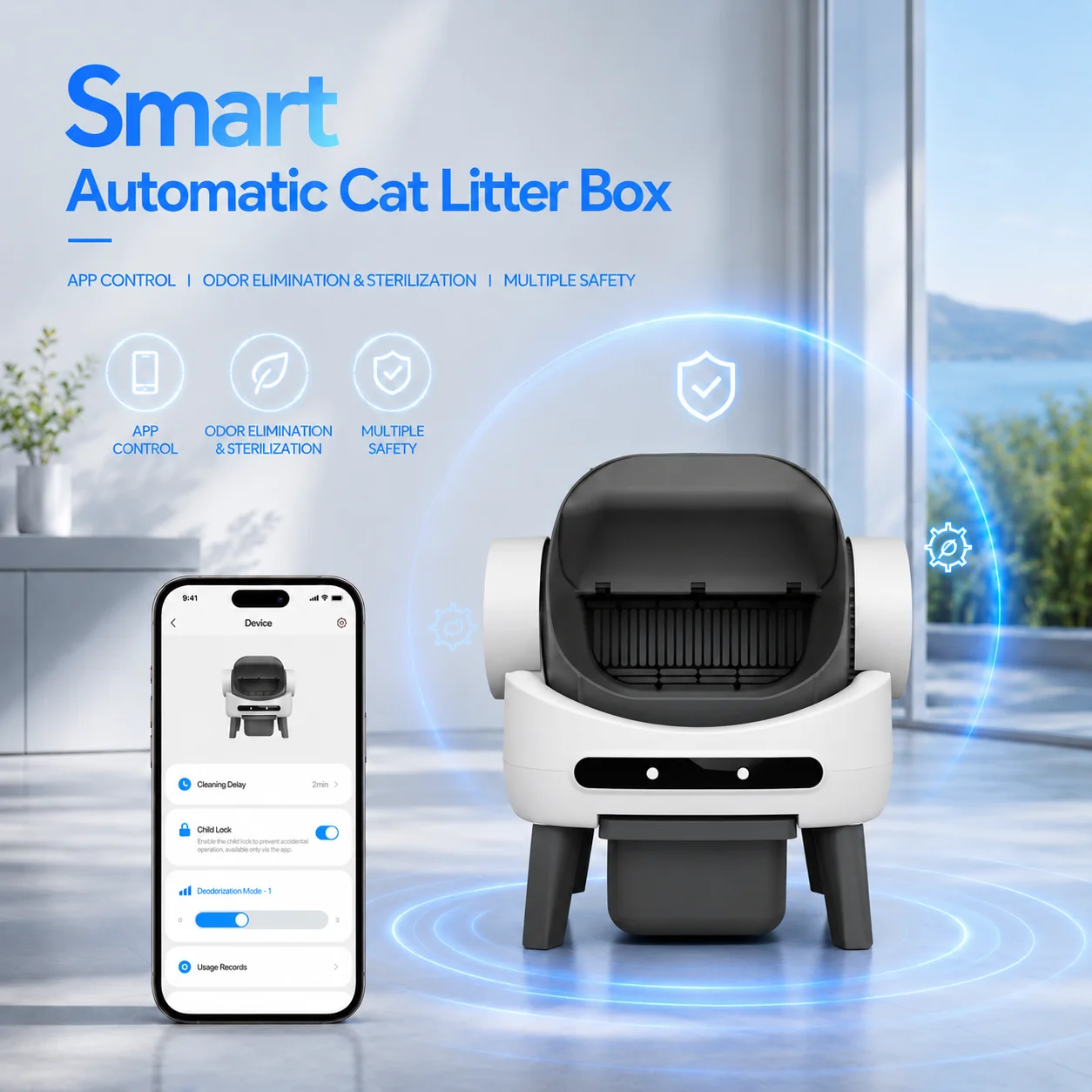 OEM 80L Electric Smart Quick Self Cleaning Deodorant Cat Toilet Tray Automatic APP Remote Control Auto Cat Litter Box