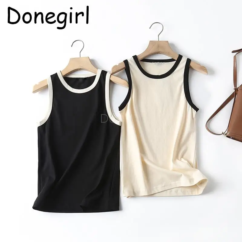 Donegirl New Fashion 2023 Women Summer Sleeveless Round Neck Color Clash Patchwork Vest Casual Commute Female Tops Chic Tank