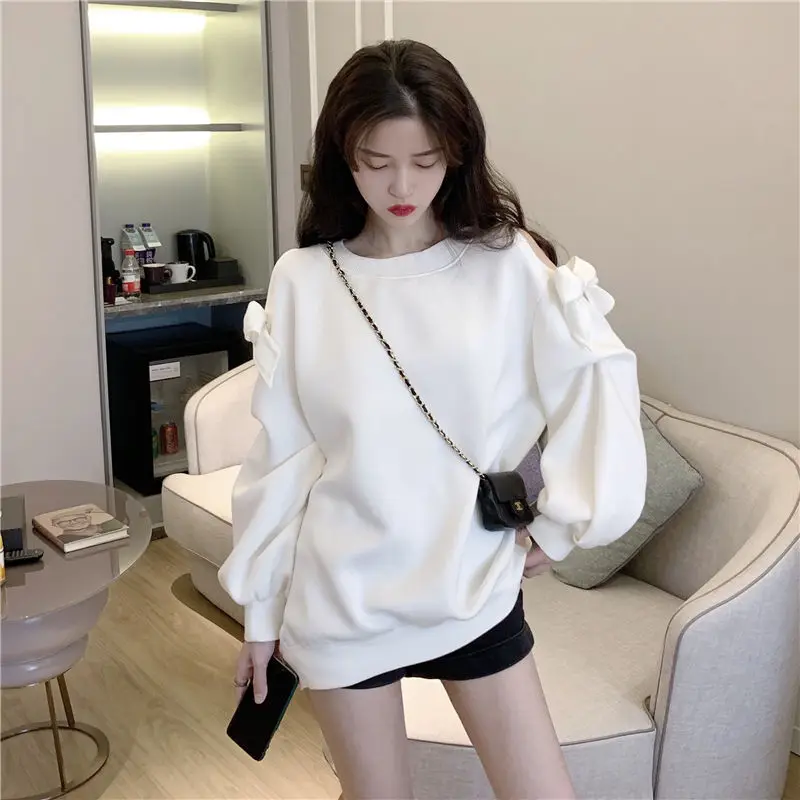 Bow Off Shoulder Sweatshirt Loose Slimming Lazy Sweet Daily Commuting Plus Size Top Autumn Winter Simple Women\'s Clothing