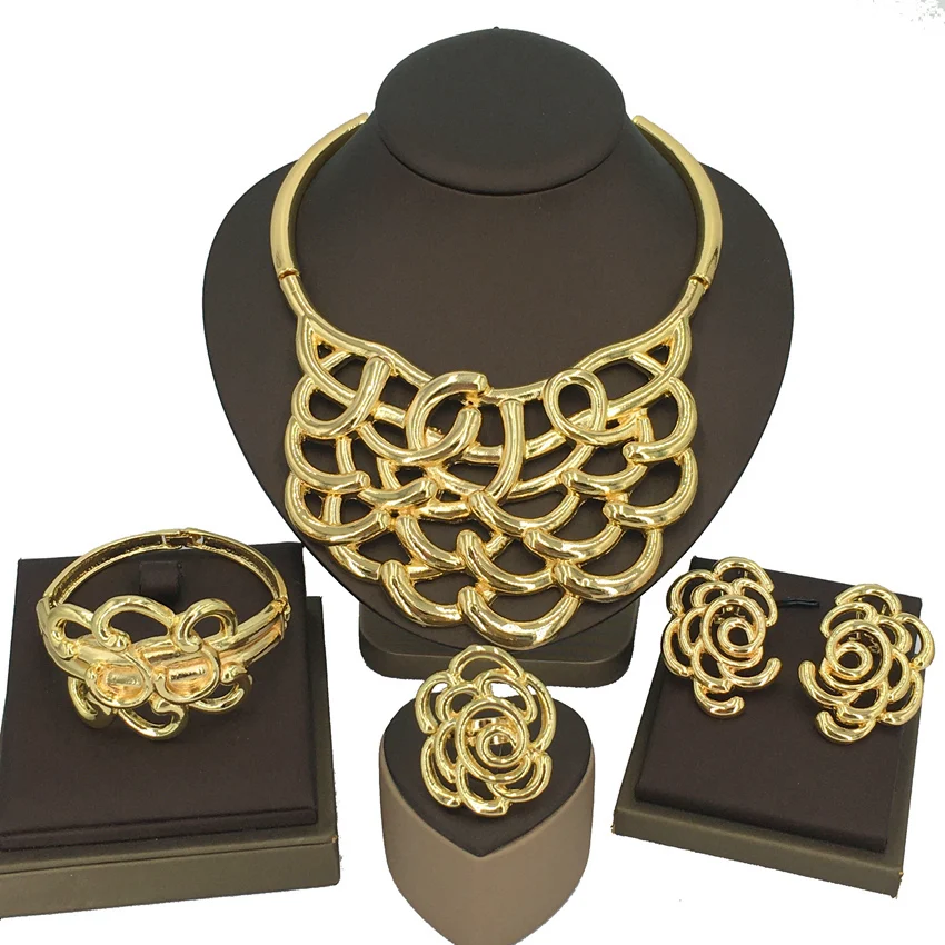 Dubai Jewelry Set Big Design for Women Wedding Bride Necklace Brazil Gold-Plated Earrings Bracelet Ring FHK13352