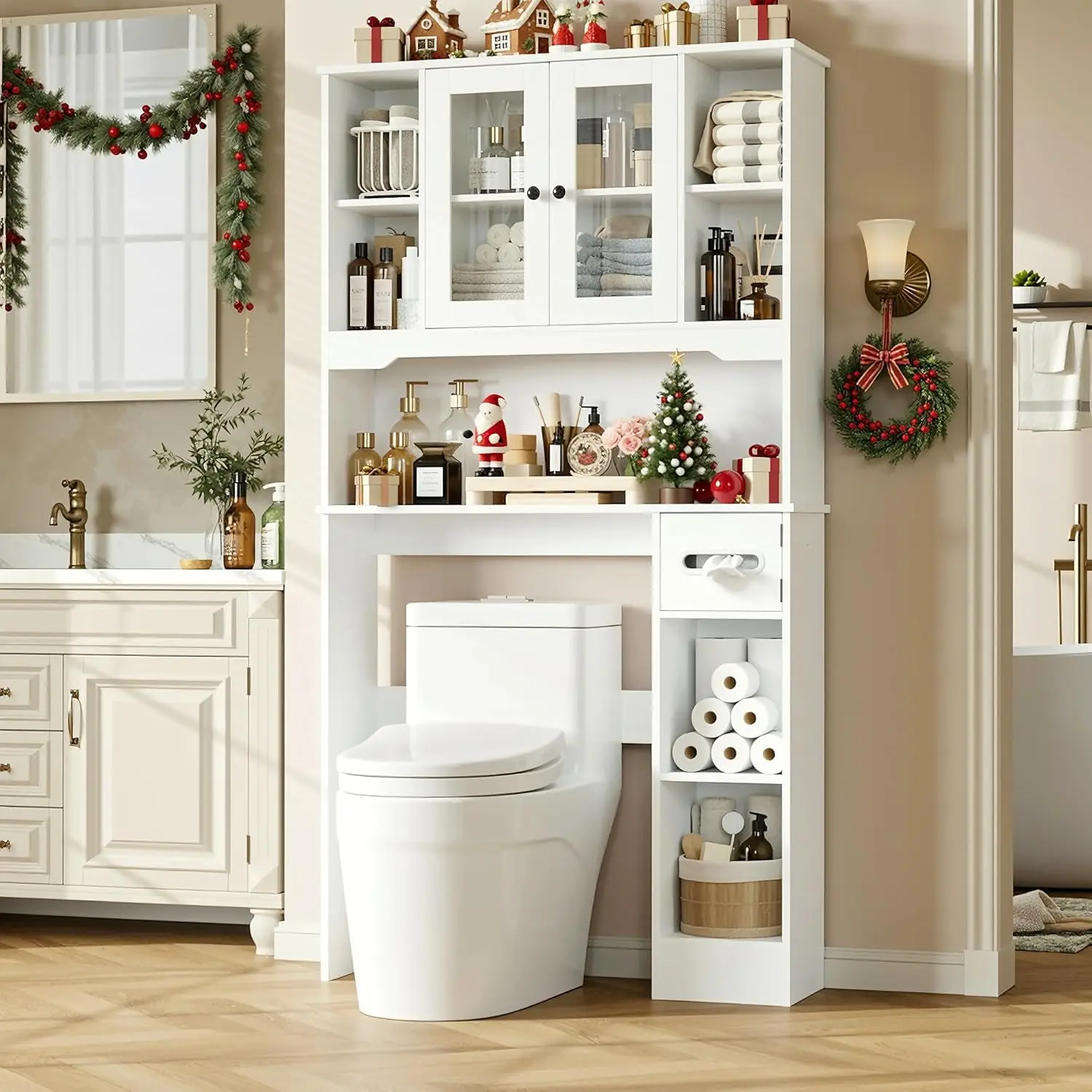 

Over The Toilet Storage Cabinet, Over Toilet Bathroom Organizer with 2 Glass Doors & Paper Holder, Bathroom Shelves, Customized