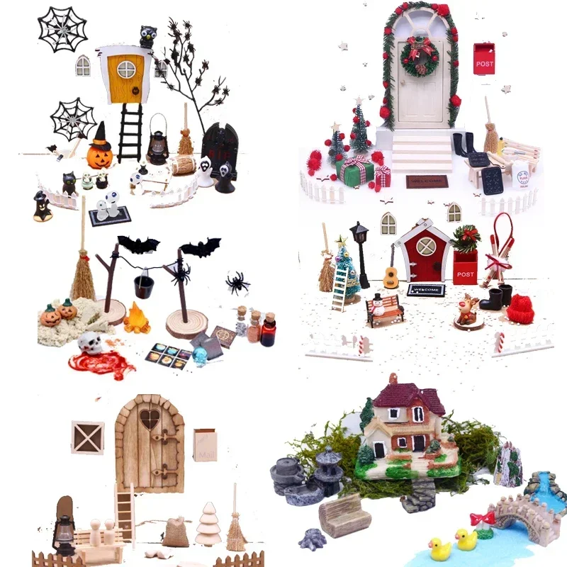 Doll House Mini Christmas Elf Door Fairy Hallowmas Decoration Mini Color Door Mini House Retro Door Christmas DIY Decoration