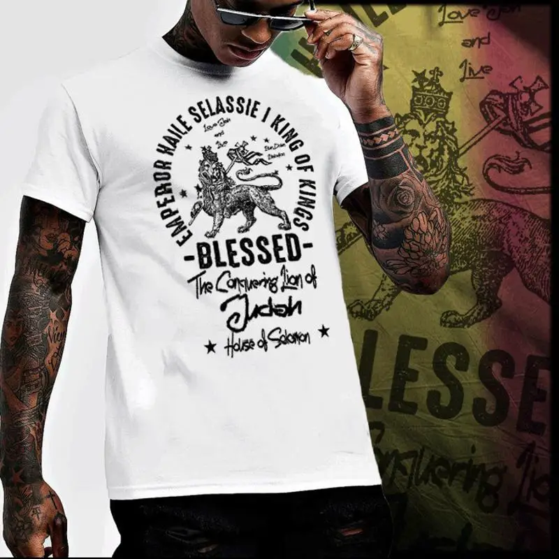 

Reggae t-shirt Jah Rastafari Haile Selassie I Blessing Jamaican Rasta Lion tee
