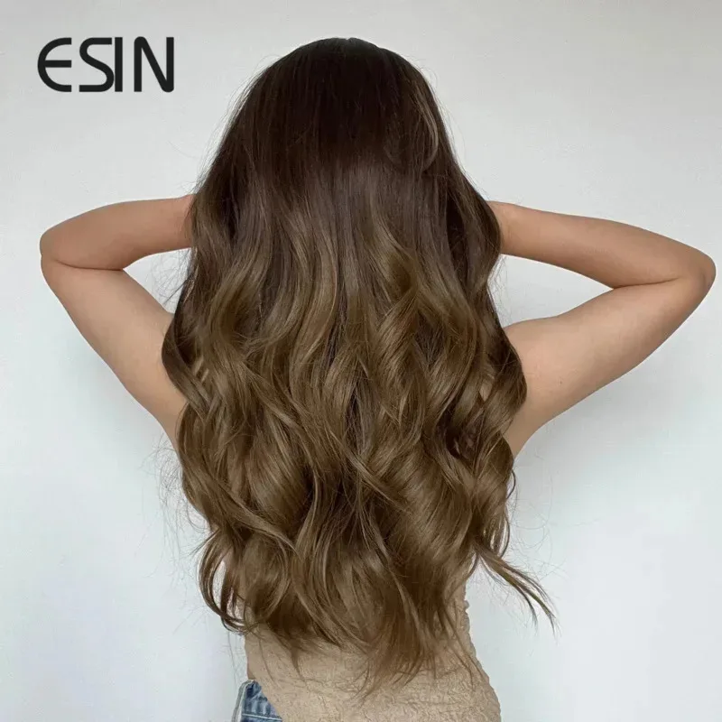 

CyN4O4 Esin fashion style synthetic hair ombre black to brown long water wave wigs with bangs for Women natural Party heat res N