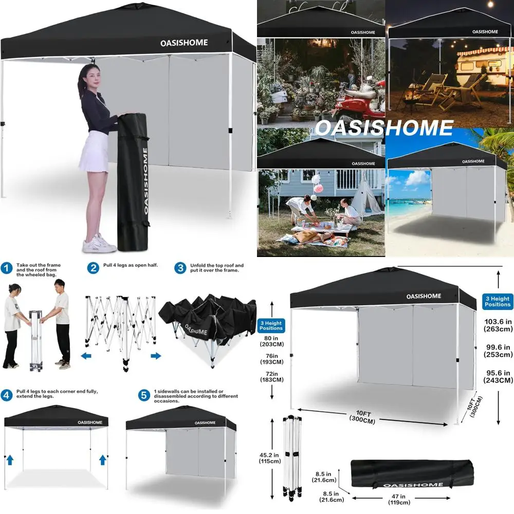 

Portable Outdoor Canopy Tent 10x10 Instant Gazebo with Sidewall, Carry Bag, Stakes, Ropes for Outdoor Beach Events