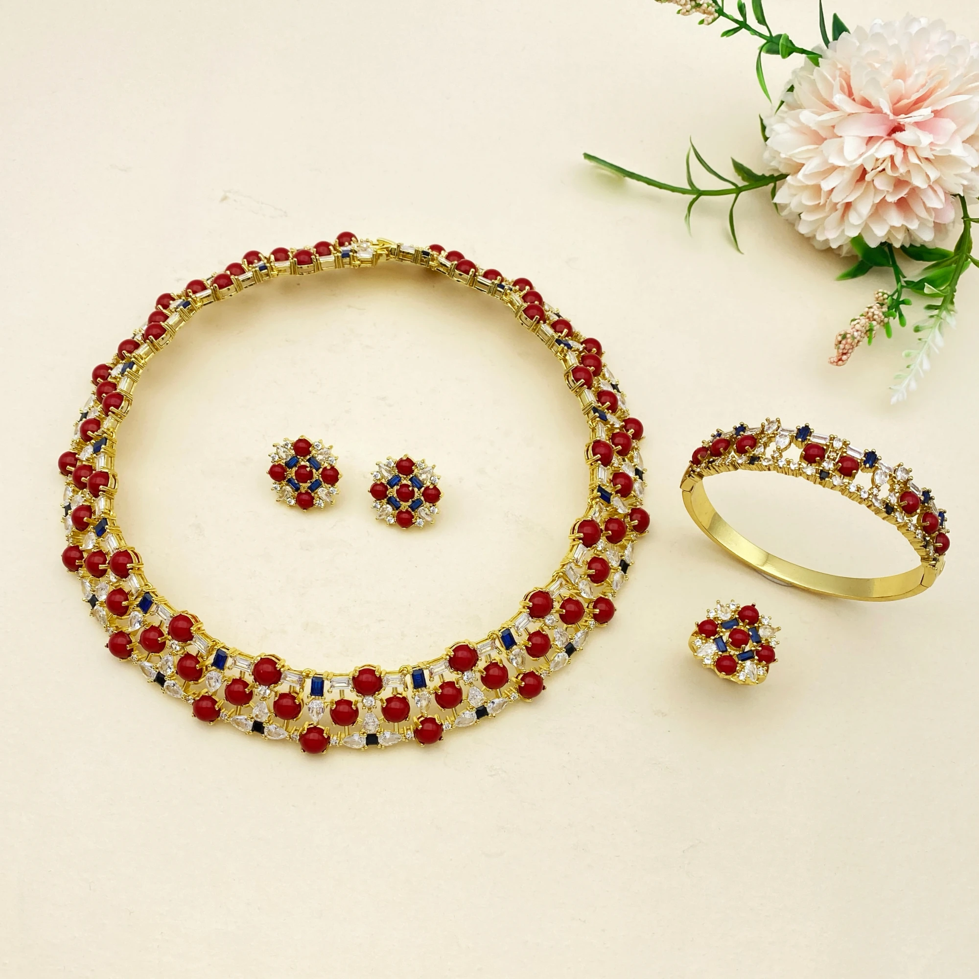 

Flora 4Pcs Women's Luxury Jewelry Set Gold Plated with Zircon Necklace Earrings Bracelet Ring Perfect Gift for Party