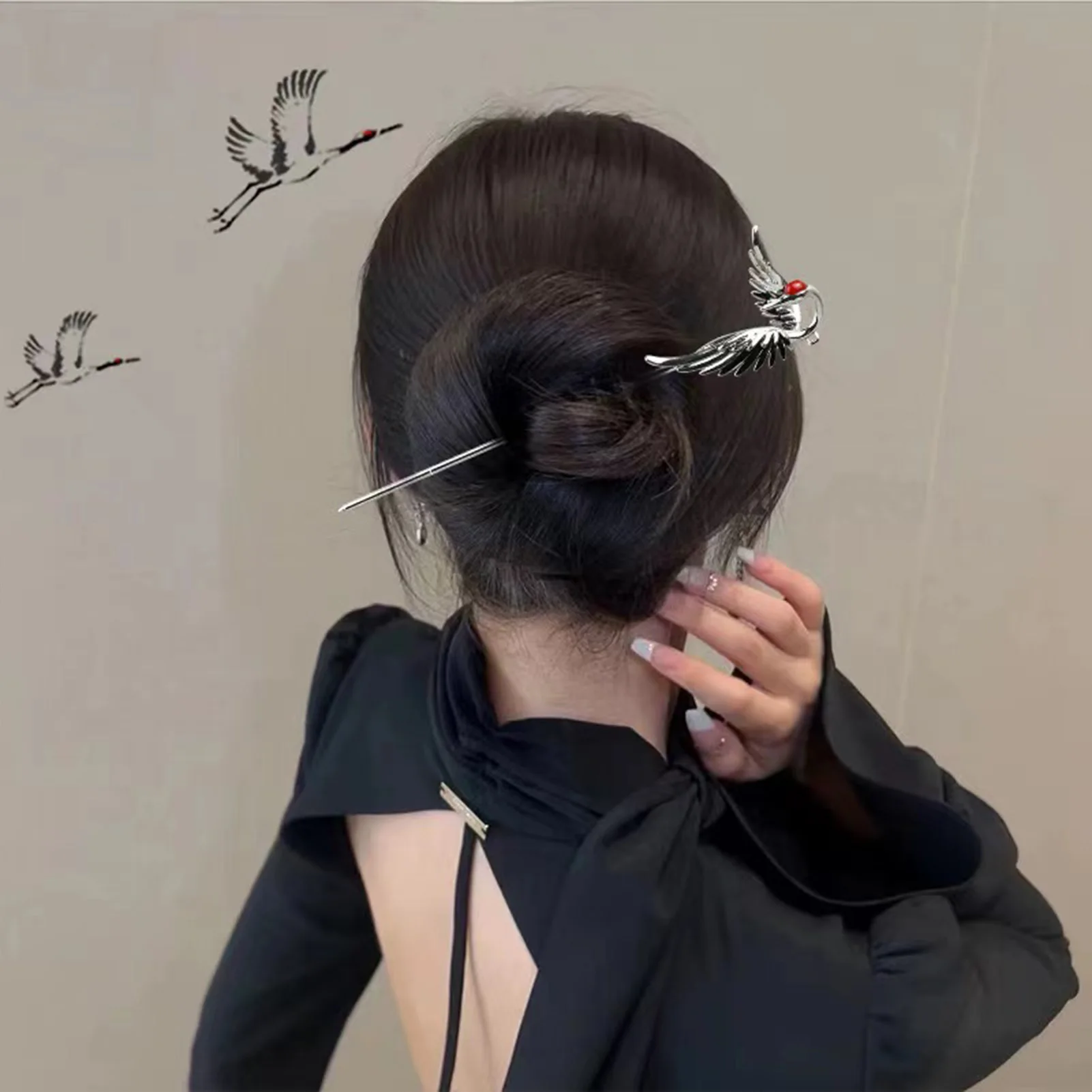 Female Crane Hair Stick Hairpin Retro Headdress with Long Tassel Decor for Festival Wedding Party Hair Decor