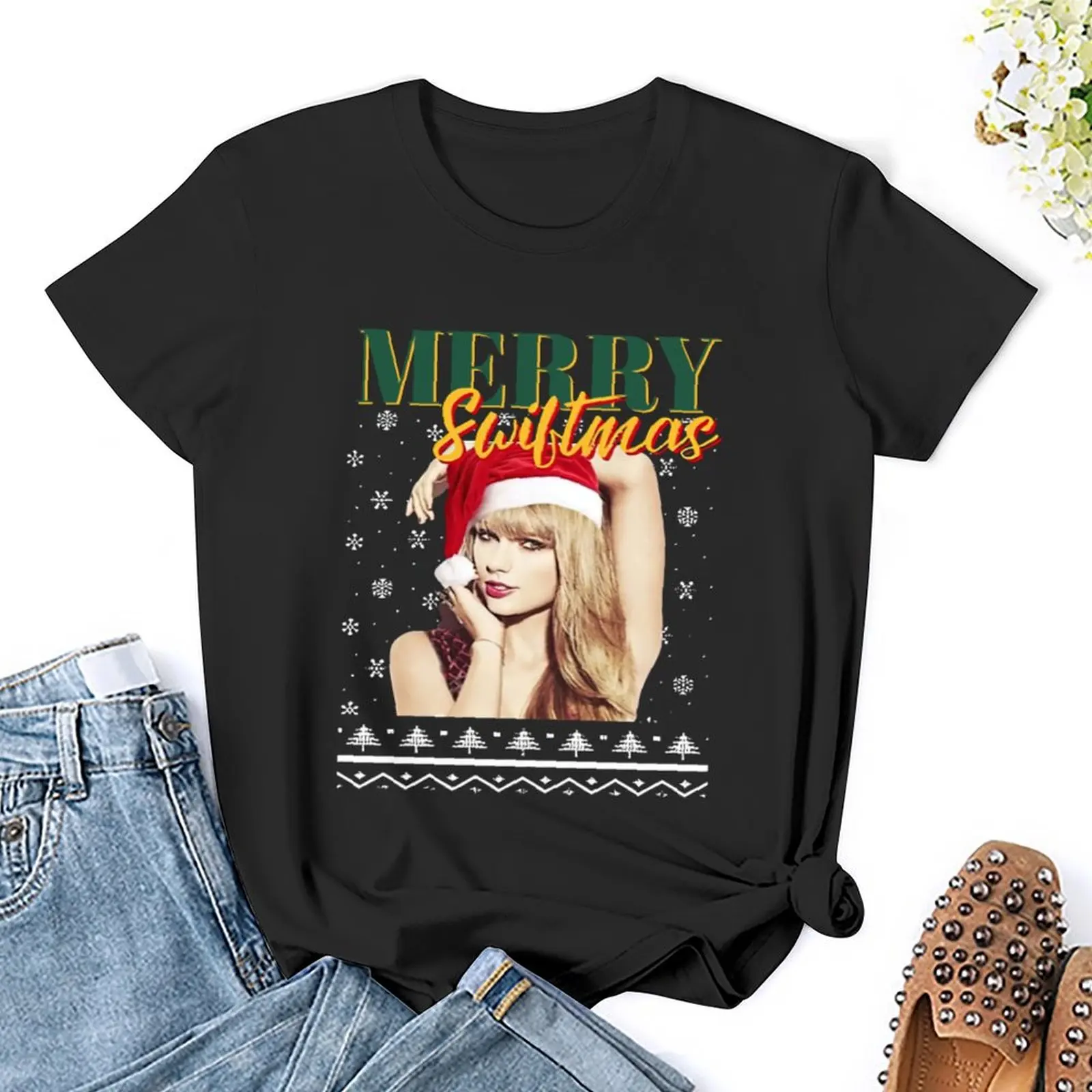 เสื้อยืดลายศิลปะ Merry swiftmas เสื้อสเวตเตอร์สีดำสำหรับผู้หญิง