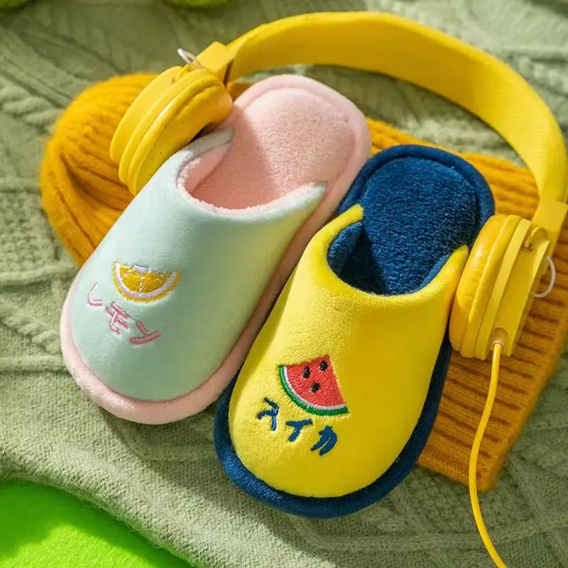 Dolphin Embroidery Children Slippers Autumn Winter Cotton Warm Thick Fluffy Slippers Comfort Non-Slip Home Indoor Furry Shoes