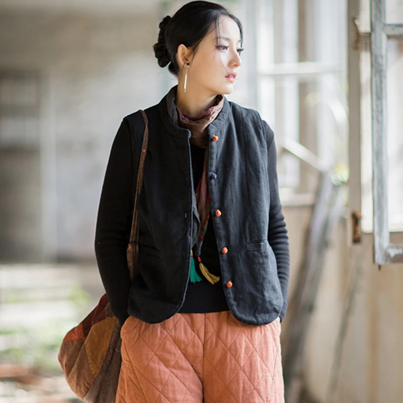 Frauen Baumwolle Leinen Casual Weste Mäntel Neue 2025, Herbst Vintage Stil Einfarbig Dicke Warme Weibliche Grundlagen Ärmellose Jacken M2096