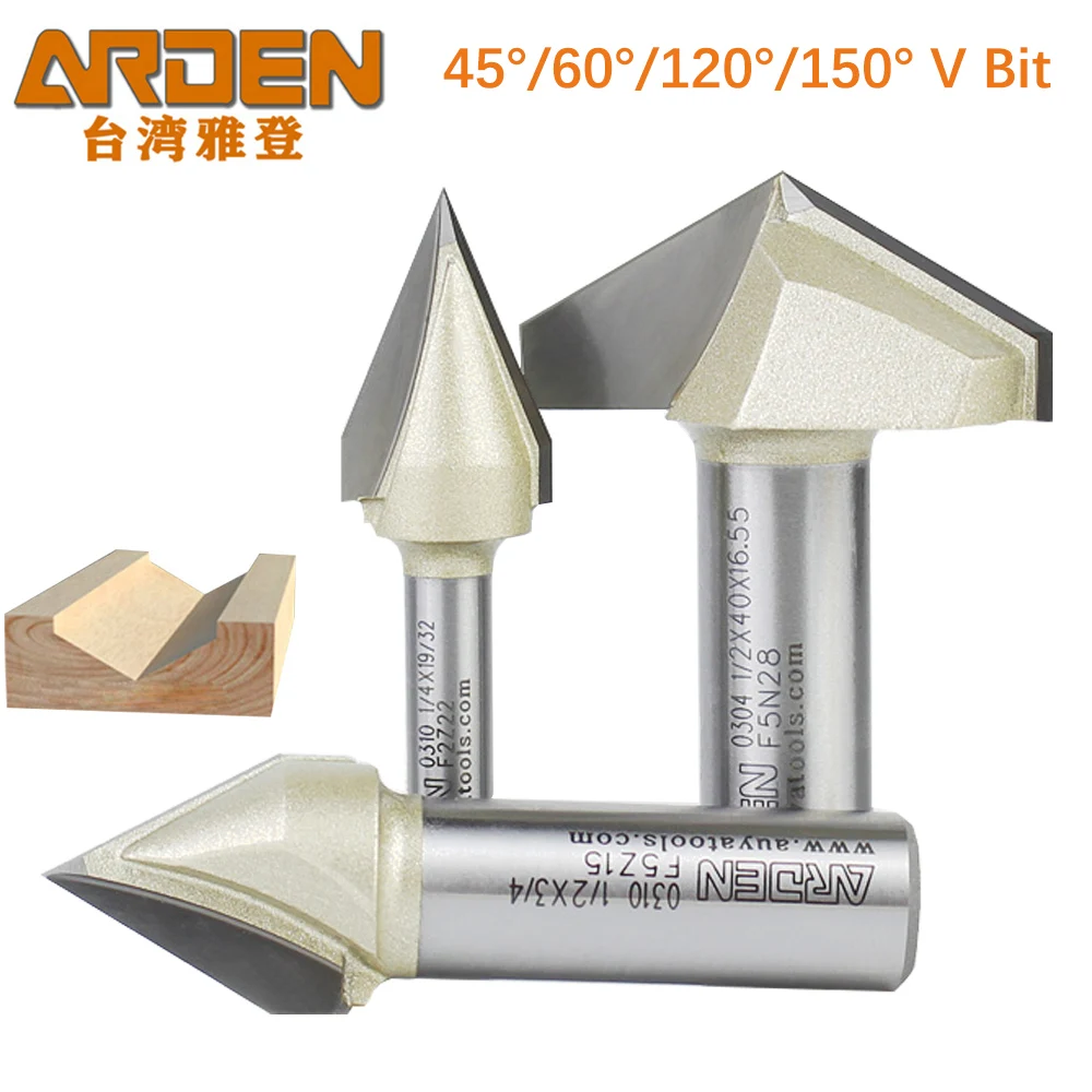 ARDEN V Bit 45 60 120 150 Degree Engraving Router Bit  Carbide Woodworking 3D Carving V-shaped Bevel Tipped Milling Cutter MDF