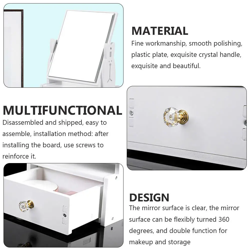Lovely Vanity Mirror Desktop Makeup Mirror with Drawer Turnable 360 Degrees Exquisite Crystal Handle for Jewelry Hair