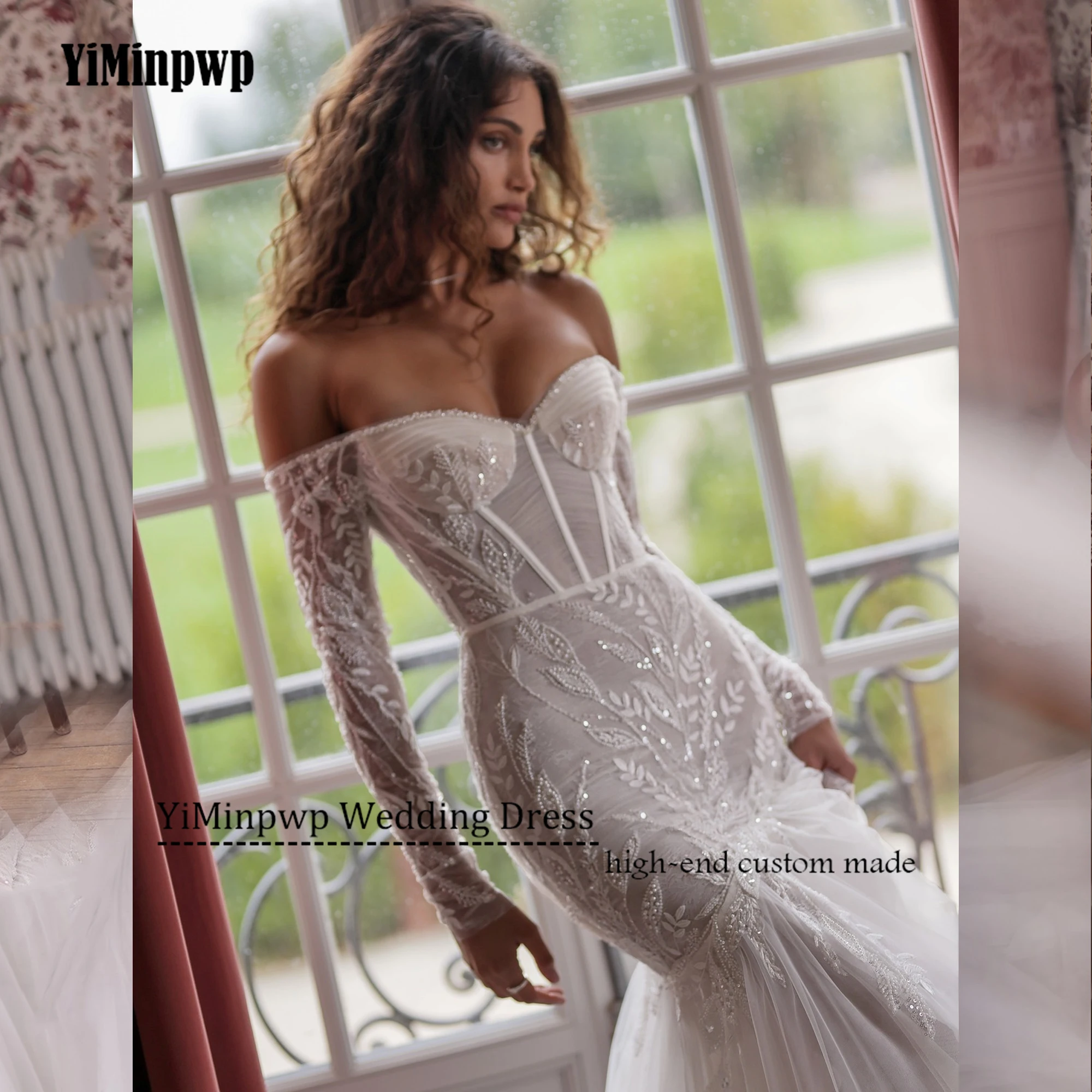 Sereia vestidos de casamento luxo appliuqe frisado mangas completas sem costas elegante vestido de noiva personalizado tule vestidos de noiva 2025