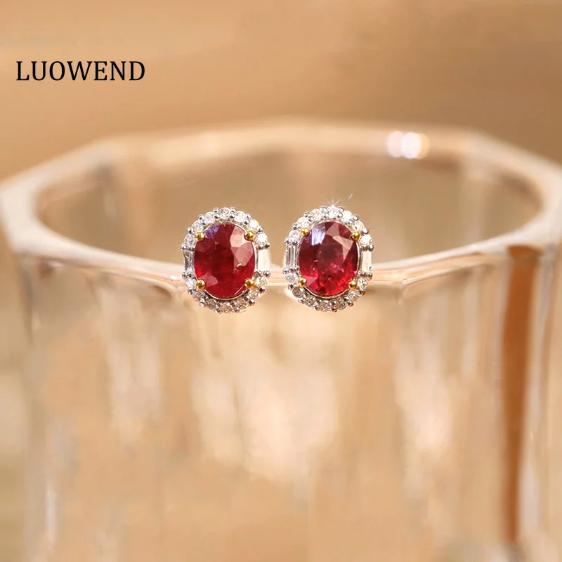 

LUOWEND Real 18K White Gold Stud Natural Ruby Earrings Female Diamond Earring Engagement Party Jewelry Oval Halo Design