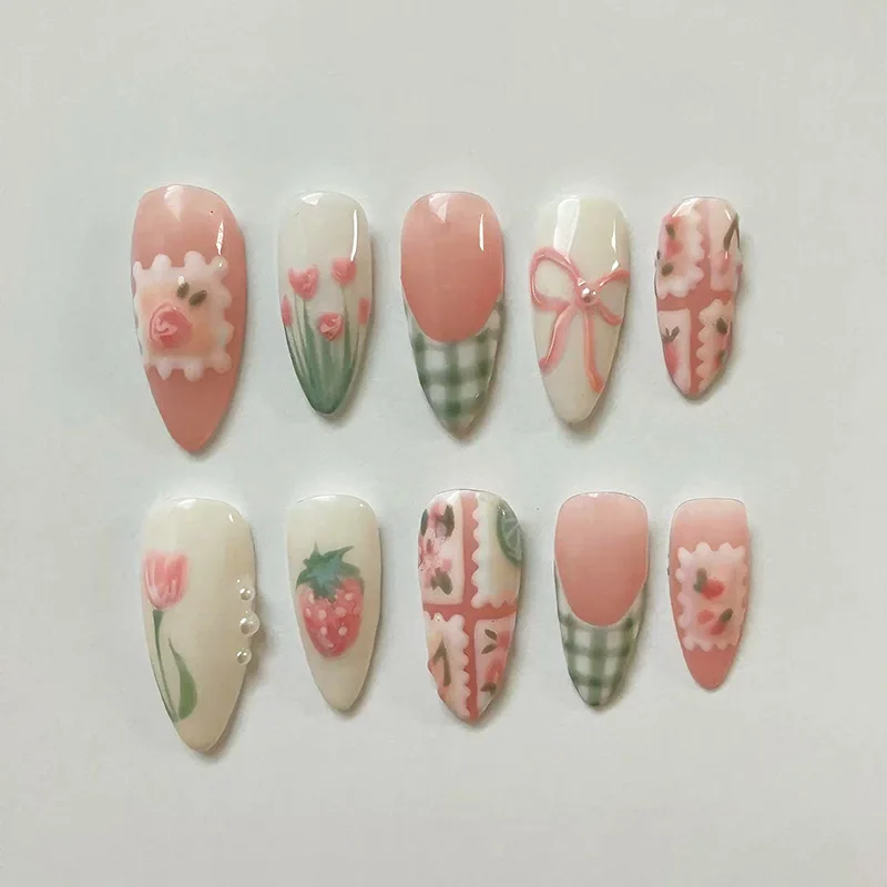 

24PCS Pink White Almond Press on Nails Strawberry Tulip Design Plaid Bow Decor Pearl False Nails Sweet Pastoral Style Manicure