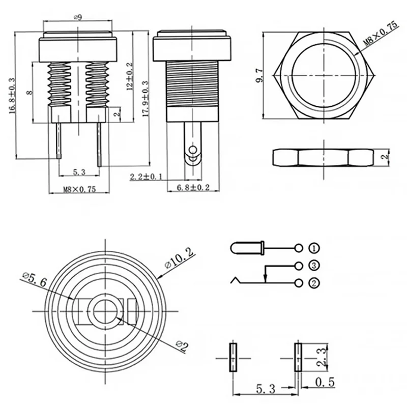 10/50 Uds DC022B 5,5x2,1mm toma de corriente CC 3,5x1,3 CC hembra conector de montaje en Panel adaptador de enchufe 5,5*2,5 MM 2 pines