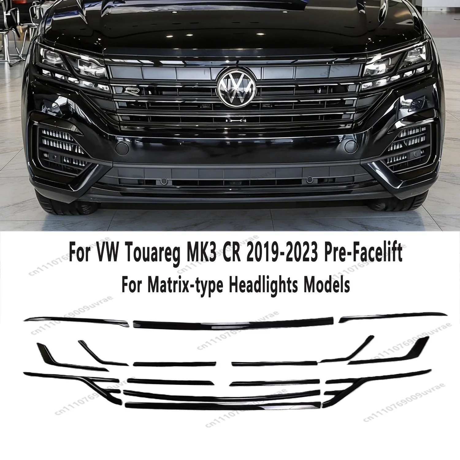 Image of R-Style Hochglanz-Schwarz ABS Frontstoßstangengrill-Zierleisten & Scheinwerfer-Augenbrauen für VW Touareg MK3 CR 2019-2023 Pre-LCI Matrix Modelle