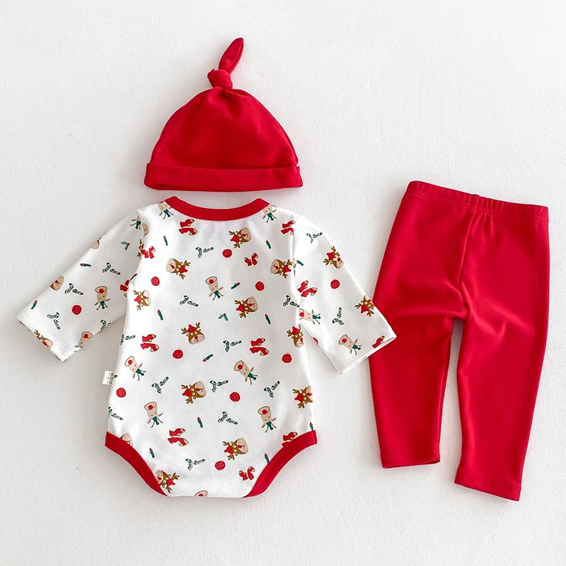 2024 Christmas Infant Baby Boys Girls Jumpsuit+Hat Cartoon Print Newborn Baby Boys Girls Bodysuits New Year Clothing Suit