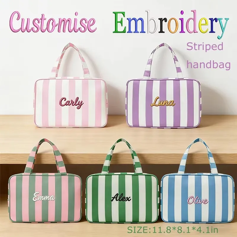 Sac de toilette portable à rayures brodé personnalisé, trousse de maquillage, sacs de rangement, cadeau de rentrée scolaire