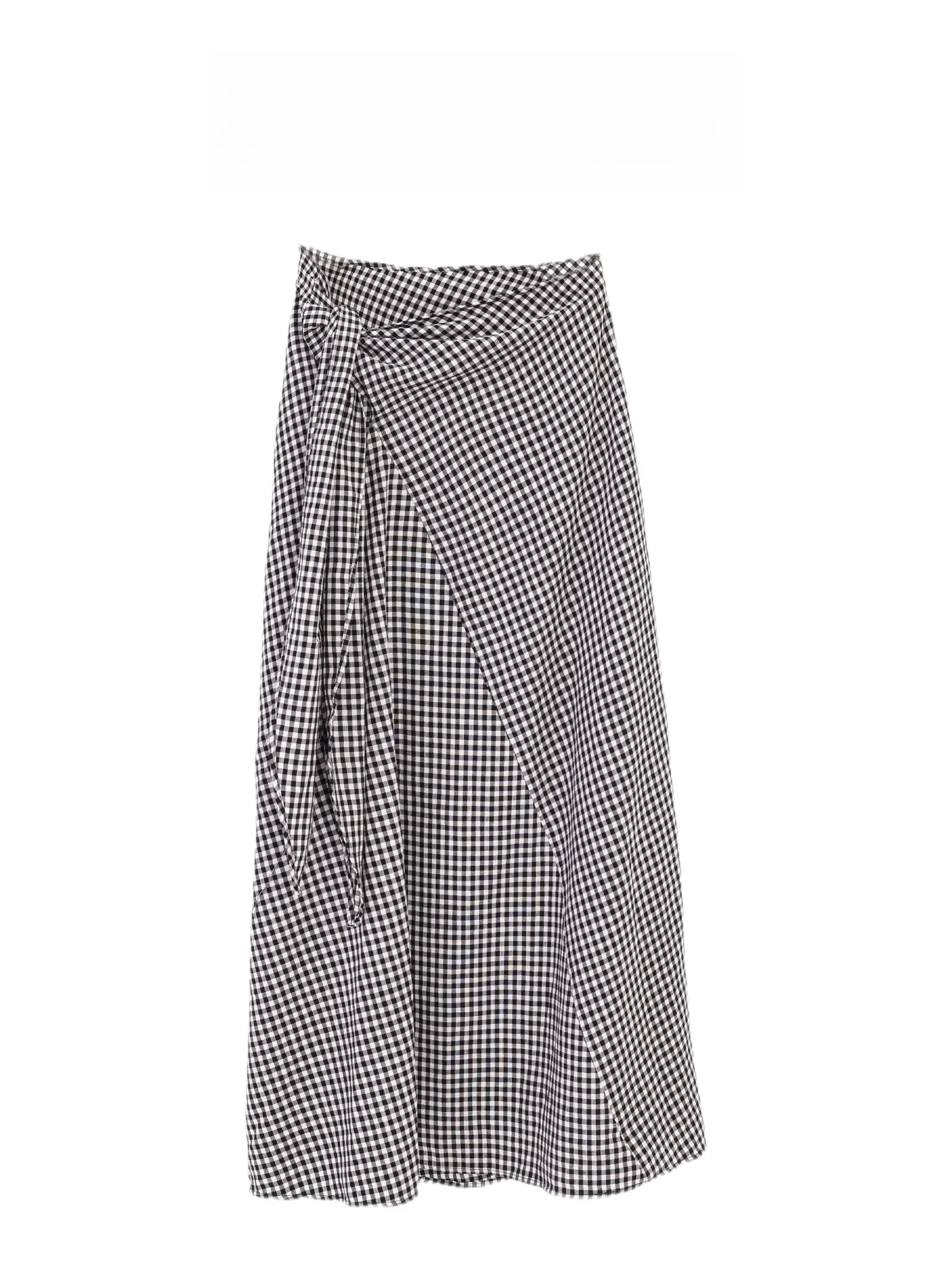 

High Waist Plaid Belted Casual Slim A-Line Midi Skirt Women's Summer New Style Design Sense Asymmetrical French Style Skirt