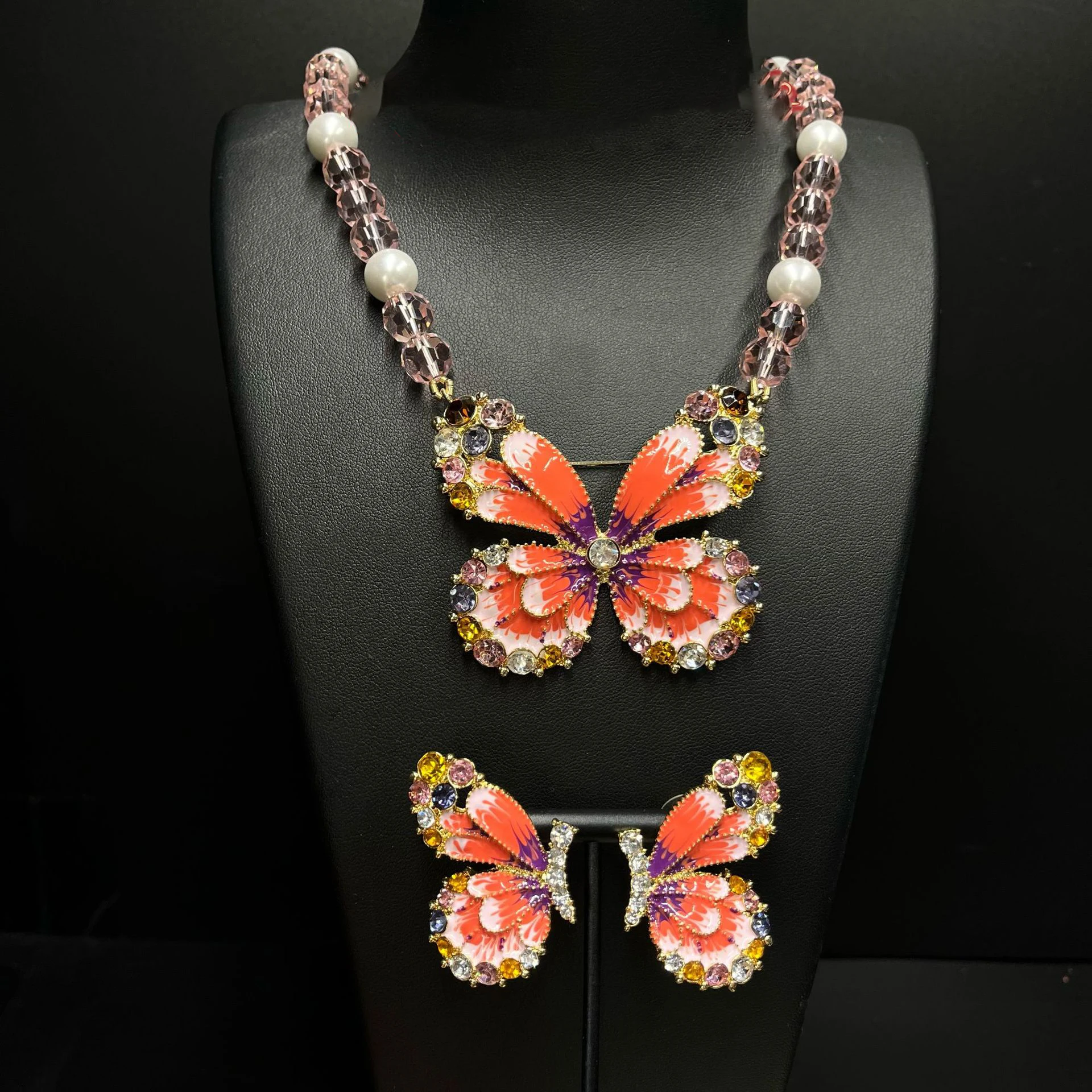 

Vintage Sweet Cute Butterfly Glass Beaded Pearl Necklace Earrings Retro Exquisite Jewelry Sets For Women Party Gift Accessories