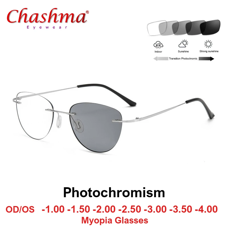 

New Titanium Rimless Eyeglasses Women Myopia Glasses Photochromic Chameleon Glasses Lens with Diopters -1.0 1.5 2.0 2.5 3.0