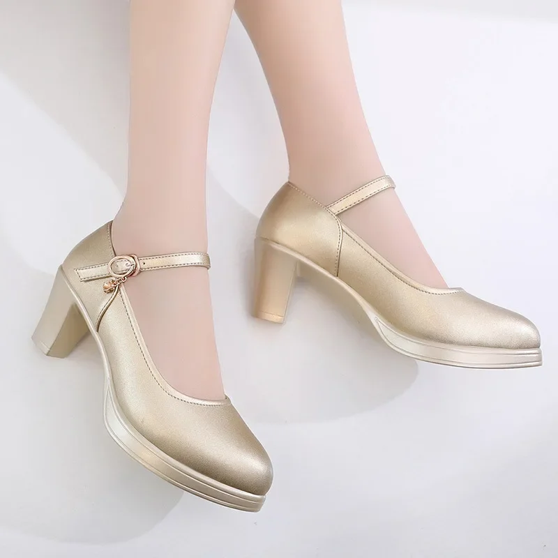8cm 10cm Small Size 32-43 Elegant Shallow Silver Wedding Shoes Platform Pumps 2025 Block High Heels Shoes Leather for Office