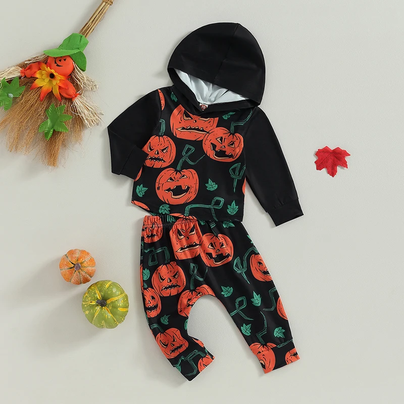 Disfraz de Halloween para niños pequeños, conjunto de 2 piezas, sudadera con capucha con estampado de fantasma, conjunto de pantalones y top para ropa de bebé de otoño