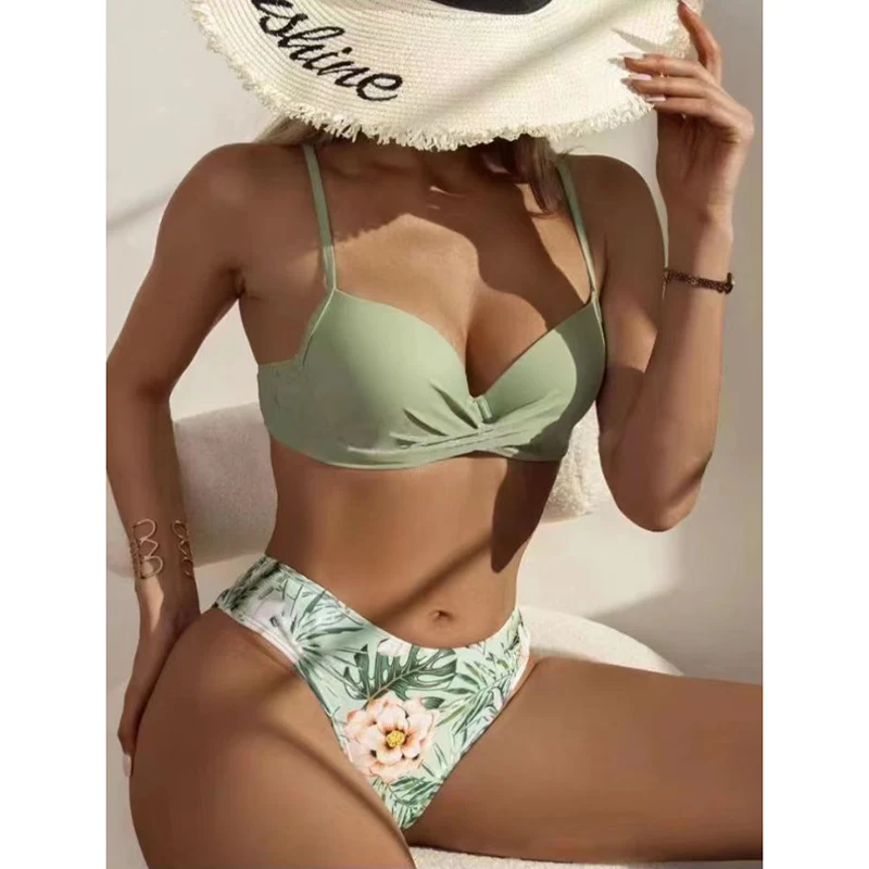 NewFloral zestaw Bikini z niskim stanem zakrywający strój kąpielowy dla kobiet Push Up z długim rękawem trzyczęściowy stroje kąpielowe kostiumy